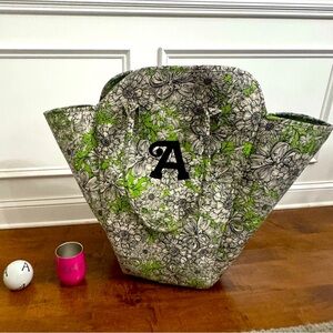 Letter A oversized beach bag, ceramic ball decor & Ashley wine tumbler